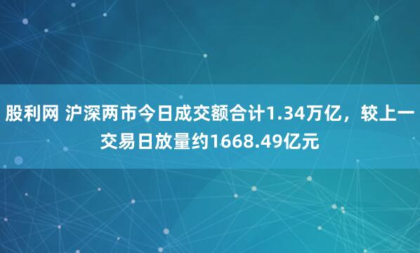 股利网 沪深两市今日成交额合计1.34万亿，较上一交易日放量约1668.49亿元